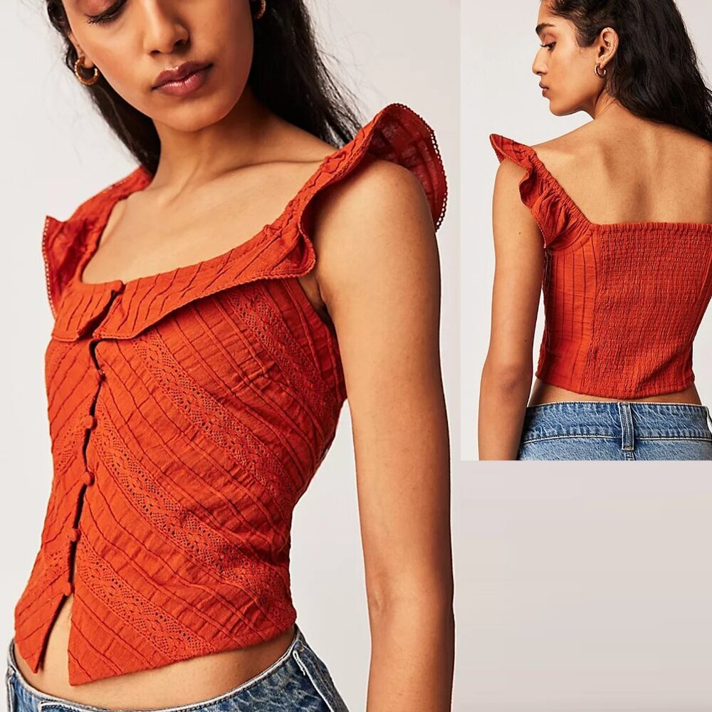 Free People Rust Orange Riviera Ruffled Square-Neck Button Front Crop Top
